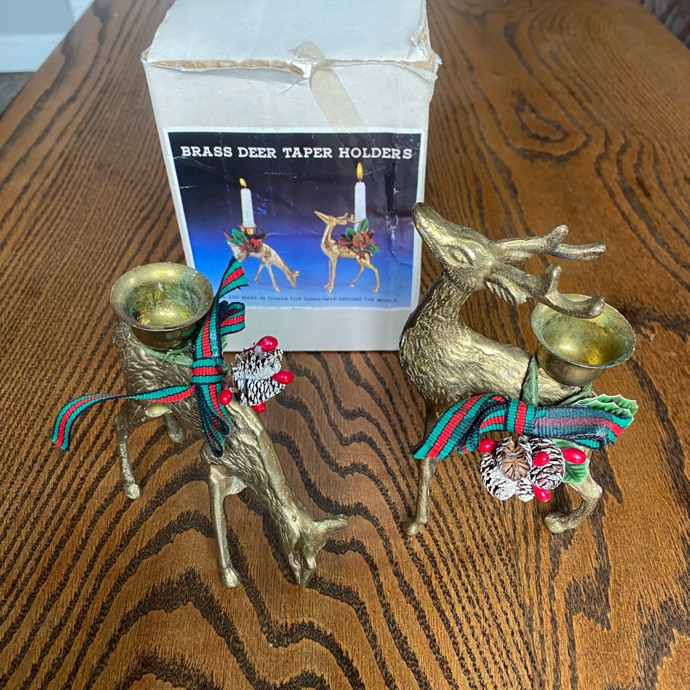 Brass Deer Taper Holders with Festive Accents